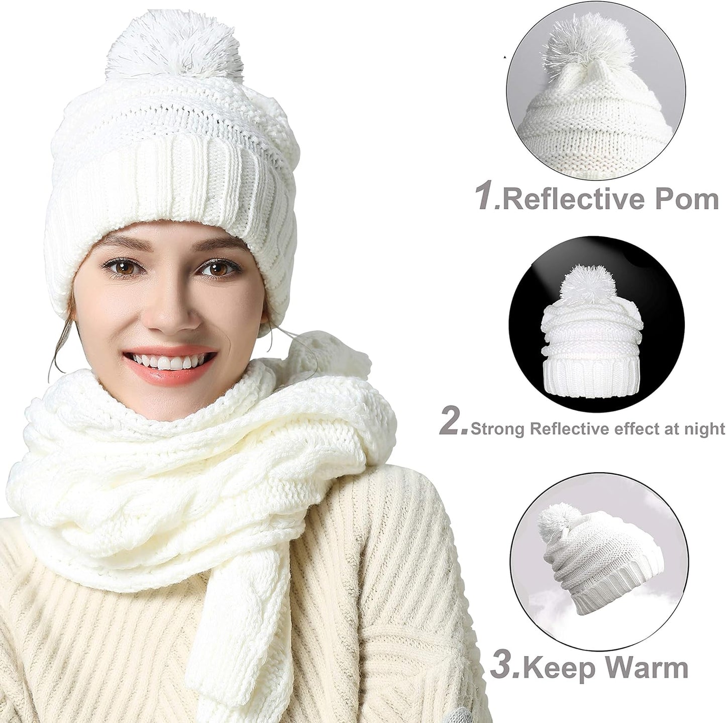 Winter Hat Gloves Scarf Set for Women, Cable Knit Beanie Pom Cap Touch Screen Glove Long Scarf 3PCS Winter Gift for Women Men
