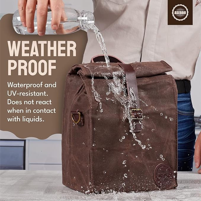 Insulated Lunch Bag 10L Sturdy Waxed Canvas Lunch Box for Men and Women, Leakproof Insulated Cooler Bag for Work Picnic Hiking, Lunchbox for Adults with Shoulder Strap (Brown)