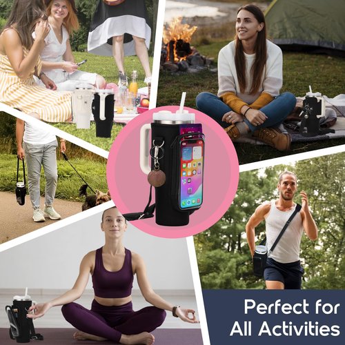 YMCSPECIALITY Water Bottle Holder with Strap - Neoprene Sleeve - Adjustable Shoulder and Hand Sling - Phone Pocket Glass Straw and Brush - 40 oz Stanley Cup Accessories (Black)