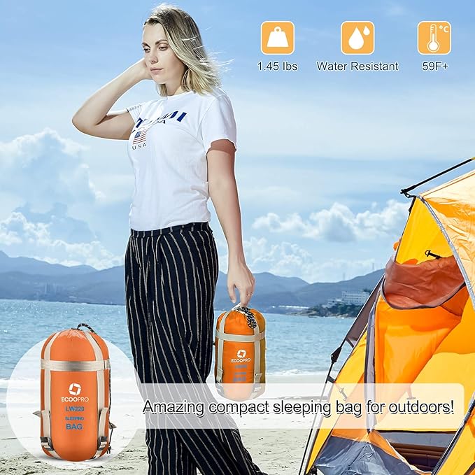 ECOOPRO Warm Weather Sleeping Bag - Portable, Waterproof, Compact Lightweight, Comfort with Compression Sack - Great for Outdoor Camping, Backpacking & Hiking-83 L x 30" W Fits Adults