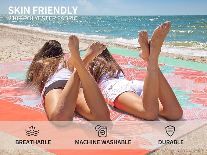 Beach Blanket Sandproof Extra Large Beach Mat Adults Waterproof Quick Drying Sand Free Mat Made by Premium Polyester with 4 Stakes & 4 Corner Pockets for Outdoor Travel Camping Hiking