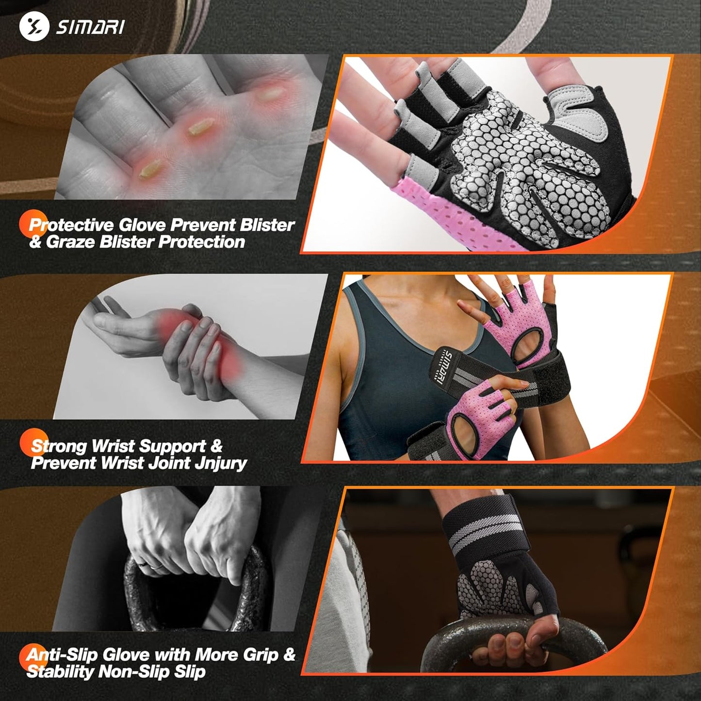 SIMARI Breathable Workout Gloves for Men Women, Padded Weight Lifting Gloves with Wrist Wraps Support, Full Palm Protection, Grip for Gym Training, Fitness, Weightlifting, Exercise Fingerless Black