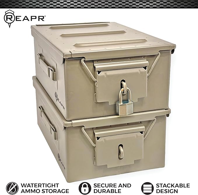 Reapr Steel Ammo Can, Heavy Duty Locking Metal Ammo Storage Box, Airtight and Watertight 30 Cal or 50 Cal Case for Rifle, Shotgun, Pistol, Military Footlocker Style Tool and Gear Organizer