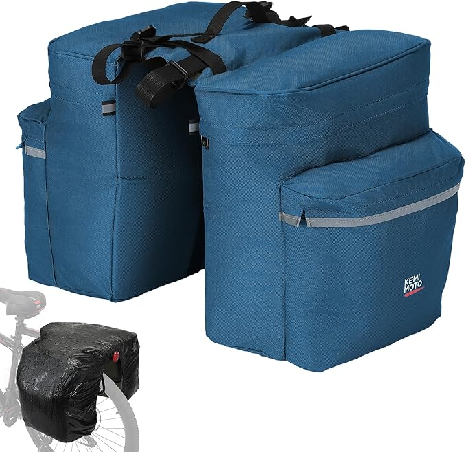 KEMIMOTO Bike Bag Panniers with Rain Cover, 34L Waterproof Bicycle Saddle Bag for Rear Rack Mountain Biking Bags Storage, Ebike Accessories for Commuter Grocery Shopping Travel Carrier, Blue