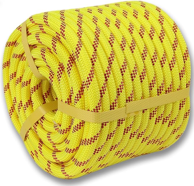 Double Braided Arborist Rope (1/2 in x 200 ft) Polyester Rope Bull Rope 48 Strands for Tree Work Climbing Pulling Swing Sailing, Fluorescent Yellow/Red