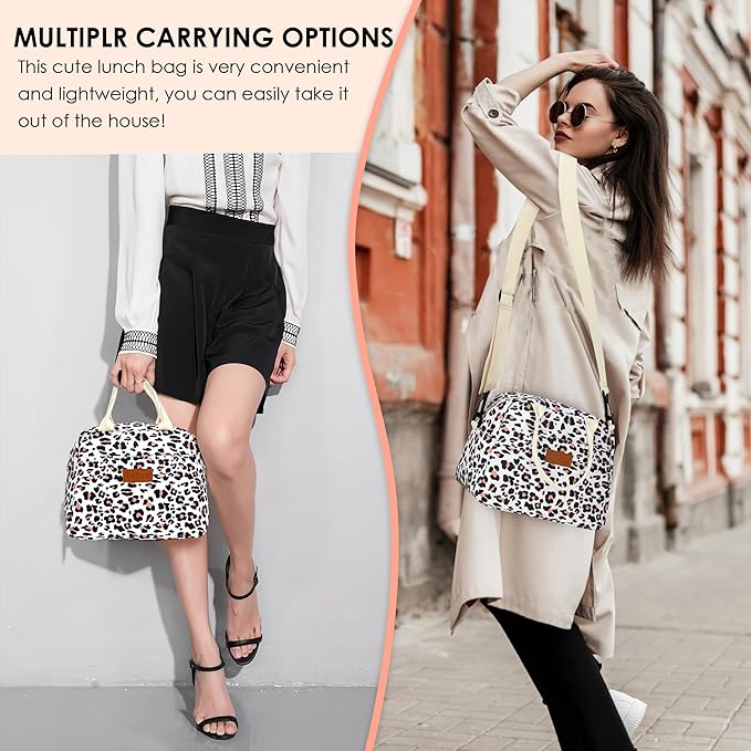 LOKASS Lunch Box for Women-Insulated Adults Lunch Bag with Removable Shoulder Strap&Front Pocket，Cute Lunch Tote for Work-Reusable Leopard Print Cooler Bag for Office Picnic Beach or Travel