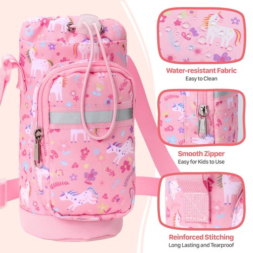 BrainyBees Water Bottle Carrier for Kids - Water Bottle Holder Sling Bag with Adjustable Strap, Girls Water Bottle Bag for 10/12/14/16/18Oz Water Bottles Walking Hiking Trip Camping, Pink Unicorn