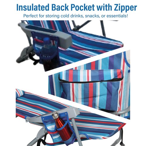 T CACHE Backpack Beach Chair with Straps – Low Beach Chair Backpack with Pillow, High Back, Striped Design, Insulated Pocket