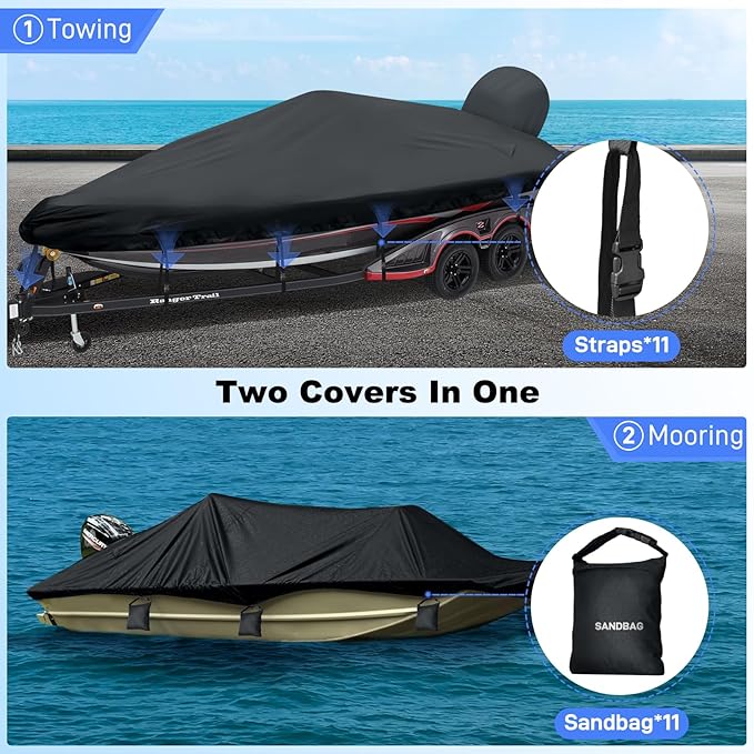 Boat Cover 16-18.5ft, Bass Tracker Boat Cover with Sand Bag Mooring Kit, 1200D Marine Canvas Waterproof Heavy Duty Boat Covers for 16 feet 17ft 18' Foot V Hull Bass & Runabout Boat,Black