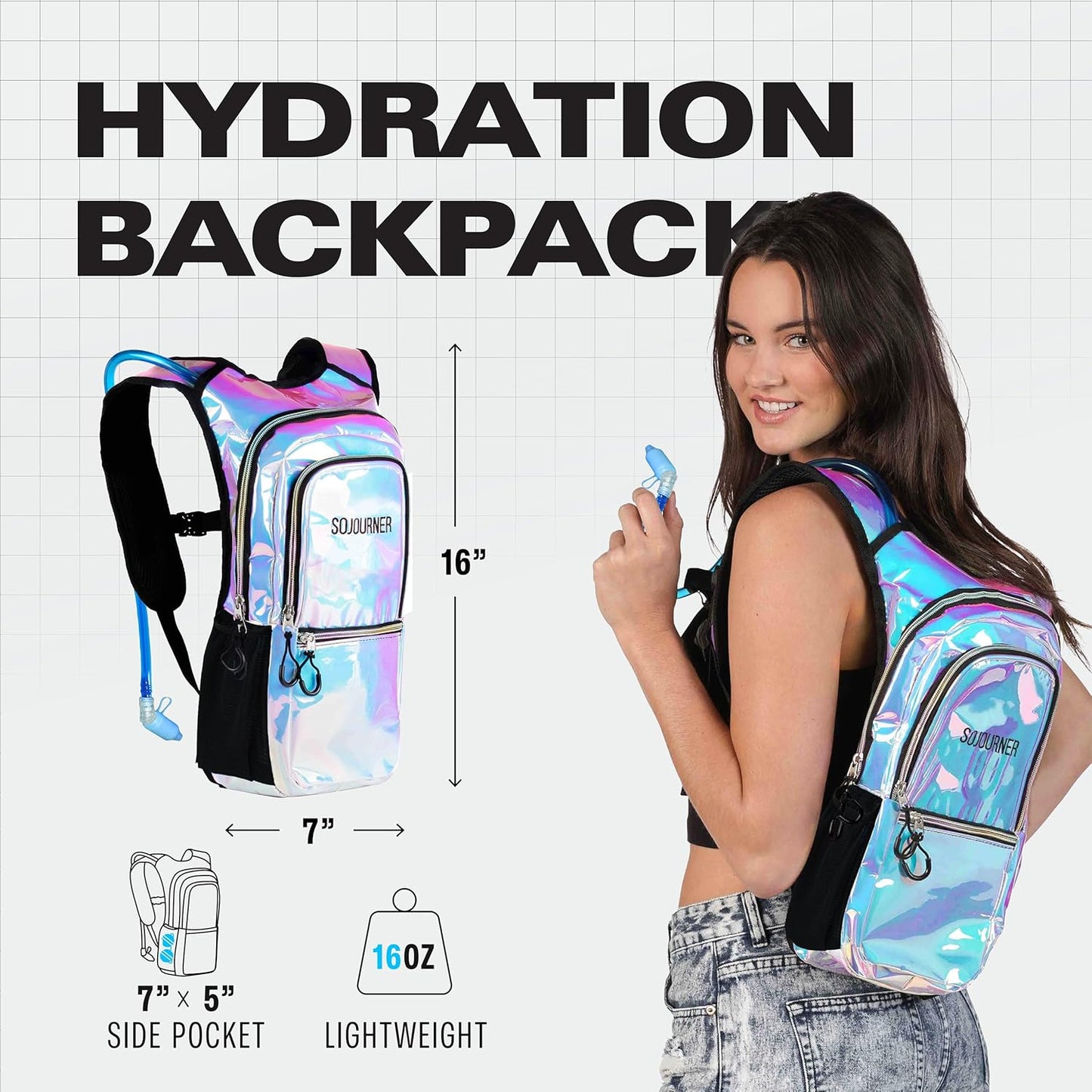 Sojourner Hydration Pack, Hydration Backpack - Water Backpack with 2l Hydration Bladder, Festival Essential - Rave Hydration Pack Hydropack Hydro for Hiking, Running, Biking, Festival Gear