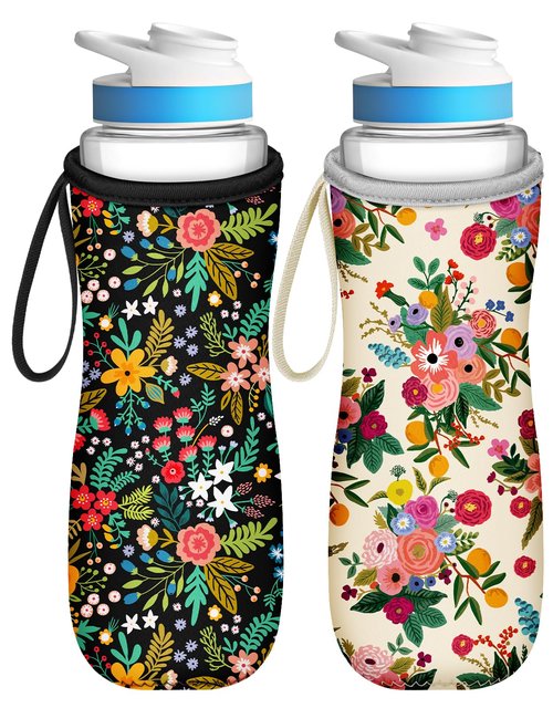 Toykee Water Bottle Sleeve for Cirkul 22 oz - 2 Pack Bottle Cover Holder Carrier with Handle Strap Artistic Aesthetic Art Flower Floral Print for Women