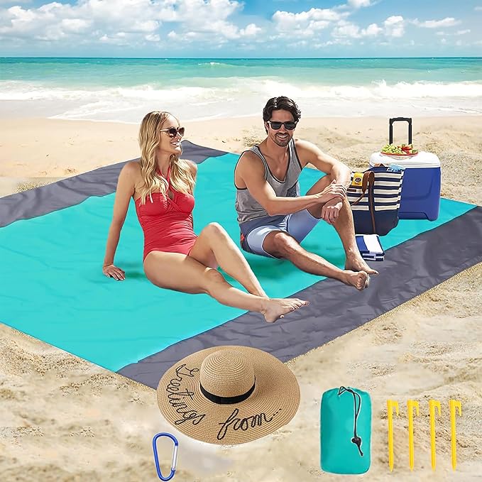 Beach Blanket Sandproof Extra Large Beach Mat Adults Waterproof Quick Drying,Big & Compact Sand Free Mat,Lightweight & Durable with 4 Stakes for Travel Camping Hiking Picnic (Green/Gray)