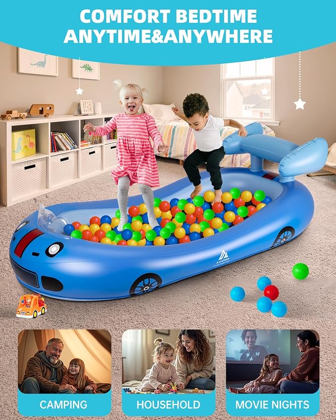 Inflatable Toddler Travel Bed with Avocado Hugging Pillow, Lightweight Portable Raised Sides Racecar Toddler Air Mattress, Kids Blow Up Mattress for Home, Hotel, Camping Use, 300 lbs Max