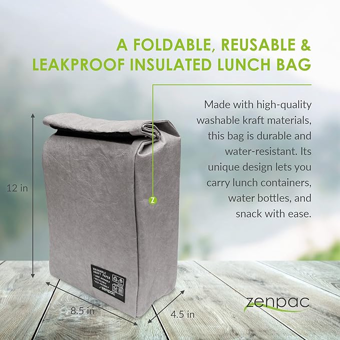 ZENPAC Small Silver Insulated Bag, Lunch Box for Men, Unisex, Designer Kraft, Washable, Spill Proof Sandwich Sack for Work, School, Picnic, 8.5x4.5x12