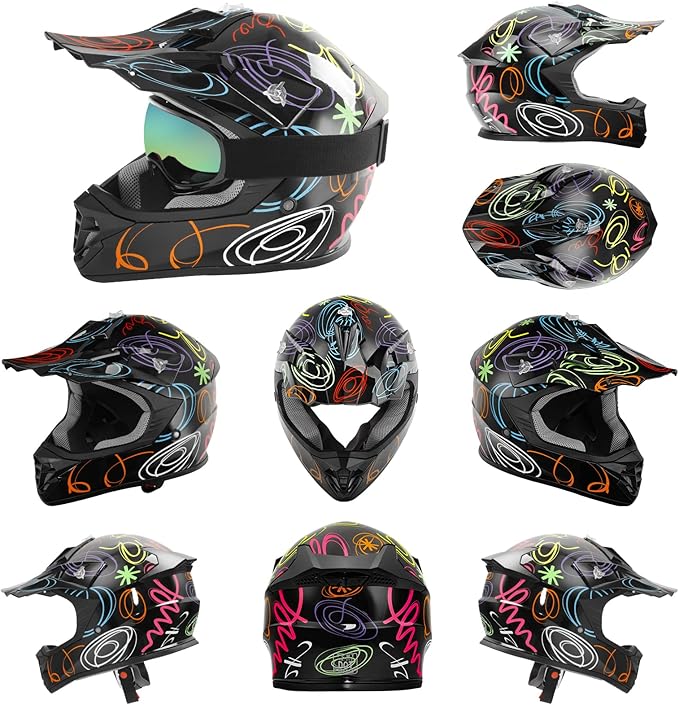 TCT-MOTORPARTS DOT Youth Kids Motocross ATV Helmets Offroad Street Dirt Bike Go-Kart BMX MX Full Face Helmet Black w/Graffiti Samll Size