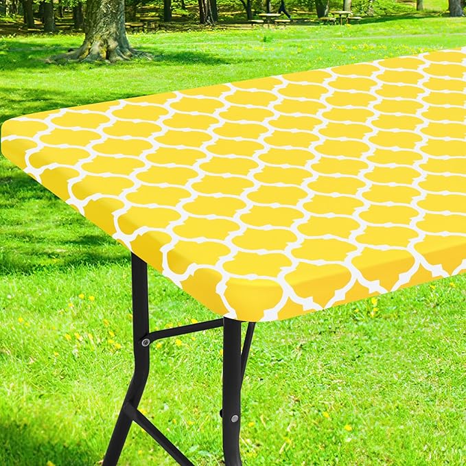 Smiry Rectangle Picnic Table Cover, Waterproof Elastic Fitted Camping Tablecloths for 6 Foot Tables, Wipeable Flannel Backed Vinyl Tablecloth Protector for Indoor, Outdoor (Yellow, 36x72 Inches)
