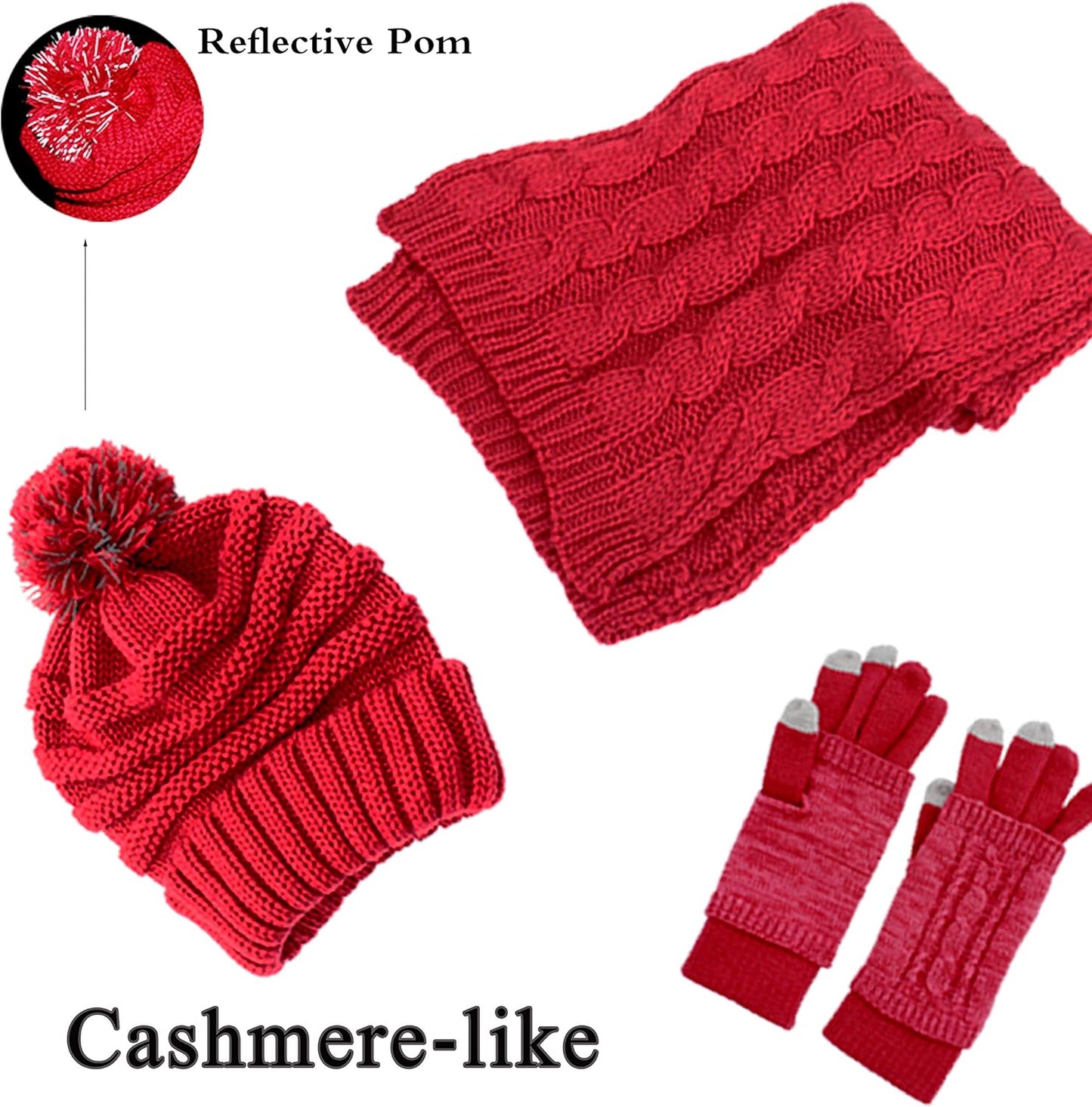 Winter Hat Gloves Scarf Set for Women, Cable Knit Beanie Pom Cap Touch Screen Glove Long Scarf 3PCS Winter Gift for Women Men