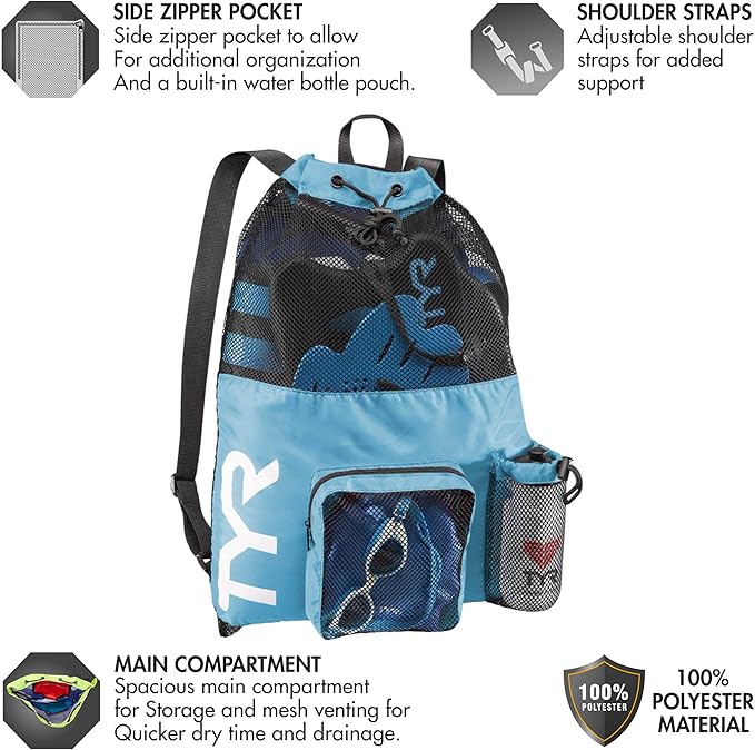 TYR Big Mesh Mummy Backpack for Swim, Gym and Workout Gear, Royal Blue, 40-Liter Capacity