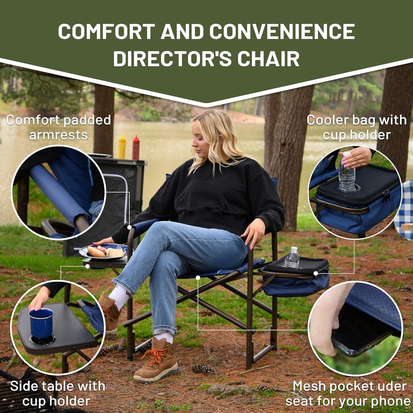 TIMBER RIDGE Lightweight Camping Chair, Portable Laurel Director's Chair with Foldable Side Table, Cooler Bag & Mesh Pocket, Compact Outdoor Folding Lawn Chair, Supports 300lbs, Grey