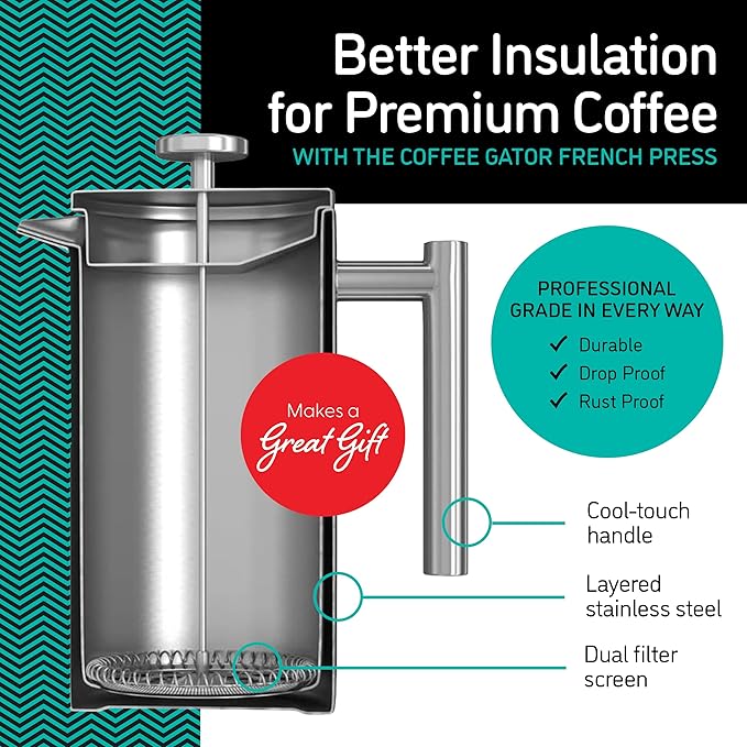 Coffee Gator French Press Coffee Maker 34oz, Double Insulated Stainless Steel Brewer plus Travel Jar Canister, Portable Hot Cold Brew Tea Cafetera for Coffee Bar Accessories Kitchen Camping, Black