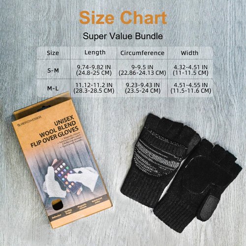 BERGWEISER Flip Winter Gloves, Wool Fingerless Gloves for Women Men Cold Weather, Mittens with Reflective for Christmas Gifts