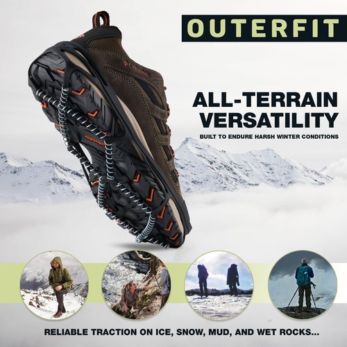 Outerfit Ice Cleats for Shoes and Boots Men and Women, Overshoe Non-Slip Crampons with Zinc Coated Steel Coils, Shoe Spikes for Snow and Ice, Snow Cleats, Ice Grips for Hiking, Fishing, Walking