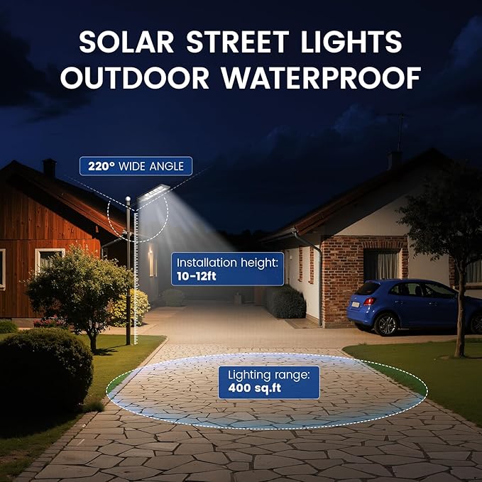 Solar Street Lights Outdoor, 10000K LED, Waterproof IP65, Motion Sensor, Dusk to Dawn, Easy Install for Yard, Parking Lot, Commercial Lighting, 4 Pack
