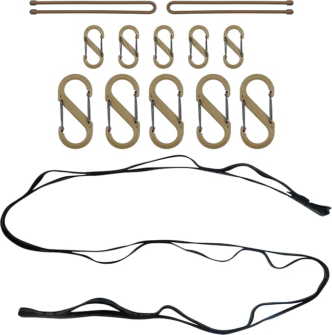 Nite Ize GearLine Hanging Organization System - Gear Ties for Camping, Hiking & Outdoor Activities - Webbing Line with S-Biner Clips & Bendable Ties - Camping Gear Organization - Coyote