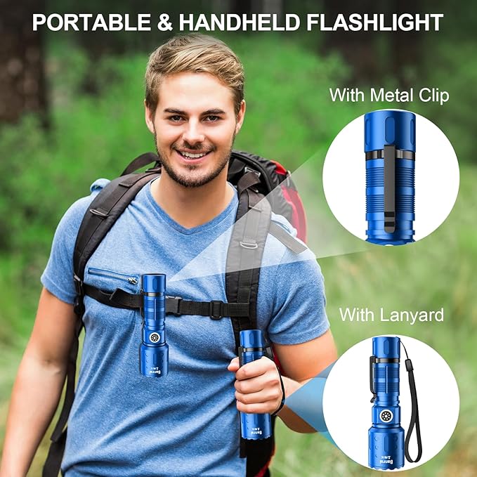 Flashlights High Lumens Rechargeable, 20,000 Lumens Super Bright 1500 Meters Long Range Small Powerful Flashlight, 6 Modes LED Tactical Pocket Waterproof Flash Light for Home Emergency (2, Blue)