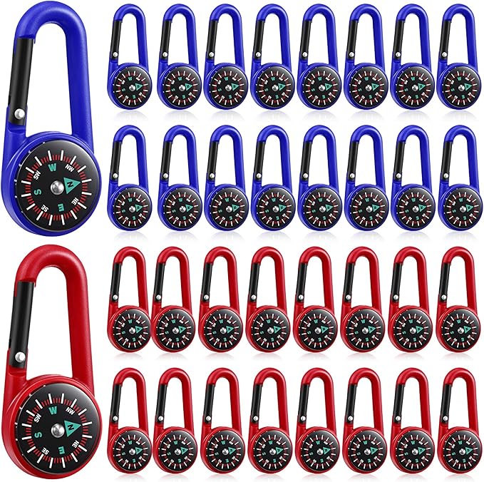 TOODOO 32 Pcs Compass Keychain for Kids Adventure Camping Small Keychain Belt Clips With Holes Compass Metal Buckle Keychain Outdoor Camping Party Favors