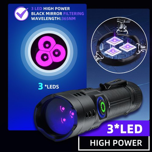 DARKBEAM UV Light Flashlight Black Light 365nm, 3 LED Mini Blacklight Flashlights Rechargeable Woods Lamp, Super Power 20W for Pet Urine, AC Leak, Scorpion, Resin, Curing Glue