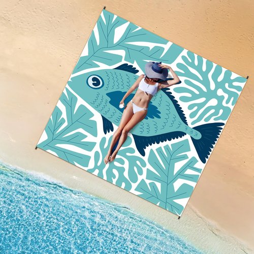 WTVIDAS Large Beach Blanket Waterproof Sandproof 79"x 83" for 1-4 Adults,Quick Drying Beach Mat,Lightweight & Durable,Beach Essentials for Family Beach Camping Travel Picnic(Green Fish)