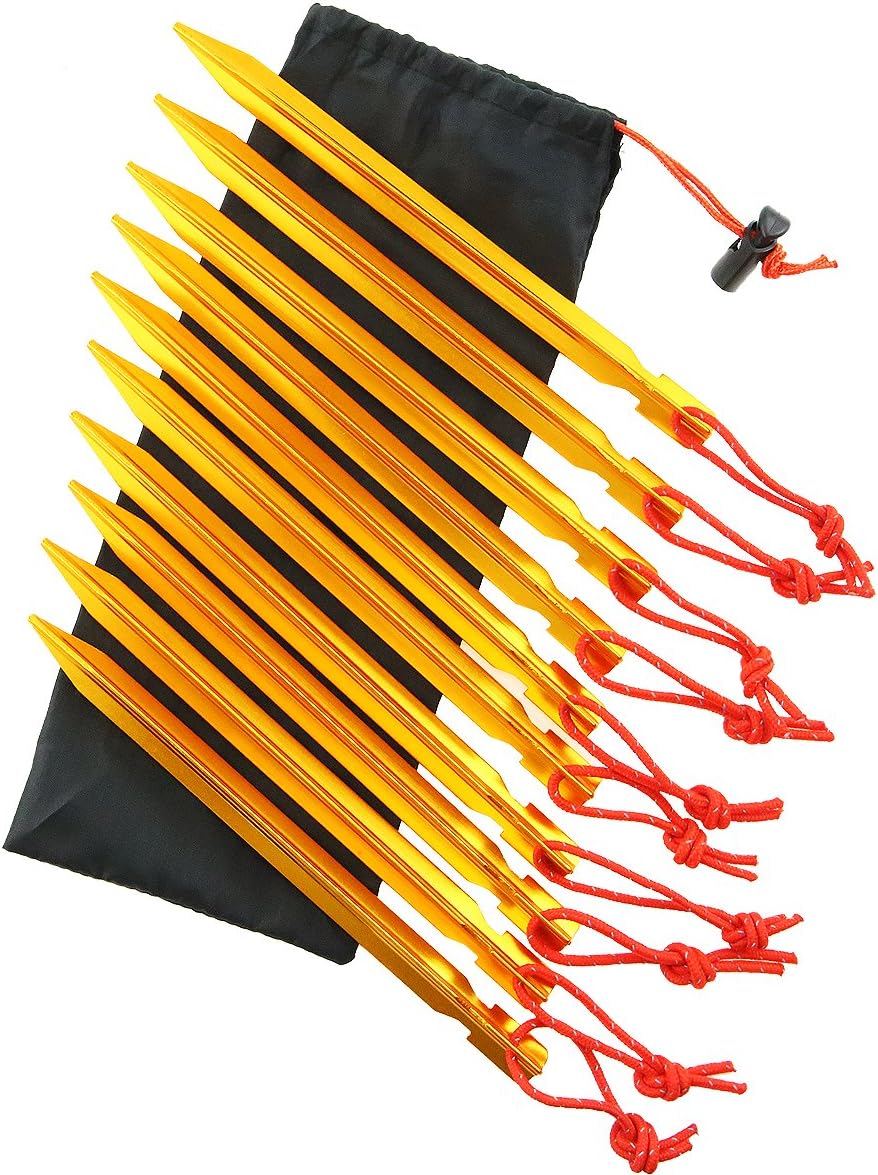 Set of 12 Tent Stakes Pegs Aluminium Alloy Stake 7 Inches with Reflective Rope and 4 Small Silica Gel O-ring for Camping Hiking backpacking Outdoor Activities