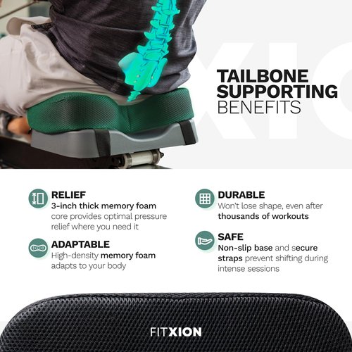 FitXion Rowing Machine Seat Cushion – Ergonomic Tail Bone Comfort Memory Foam Pad for Concept 2, Water Rower, Peloton or Recumbent Bike. Anti-Slip Base, Buckled Straps for Indoor Rowing Workouts