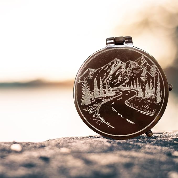 Antique Brass Compass with Leather Case - Mountains & Roads Engraved Pocket Compass for Men - Genuine Leather Pouch Stamped with 'For Your Adventures' - Vintage Gift for Husband, Father & Son