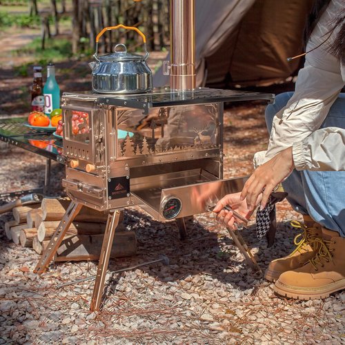 WomeYork Multi-Fuel Camp Stove with Baking Oven & Steel Chimney Pipe – Portable Tent Stove for Outdoor Shelter Heating, Cooking, and Wilderness Survival(Golden)