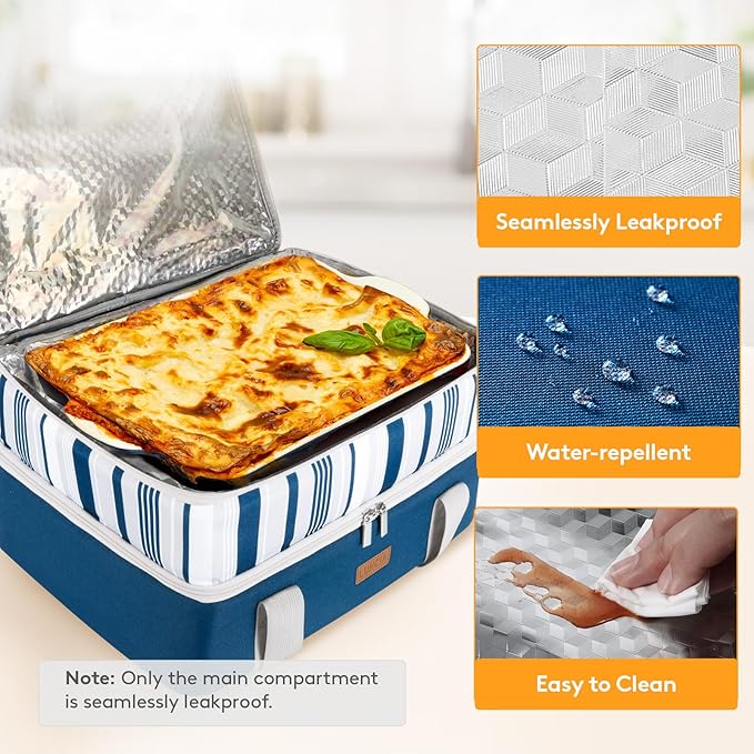 Double Decker Insulated Casserole Carrier for Hot or Cold Food, Lasagna Holder Tote for Potluck Parties/Picnic/Cookouts, Fits 9"x13" Baking Dish, Blue
