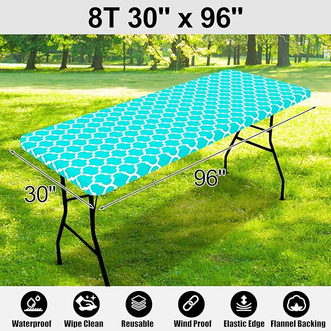 Smiry Rectangle Picnic Table Cover, Waterproof Elastic Fitted Camping Tablecloths for 8 Foot Tables, Wipeable Flannel Backed Vinyl Tablecloth Protector for Indoor, Outdoor (Teal, 30x96 Inches)