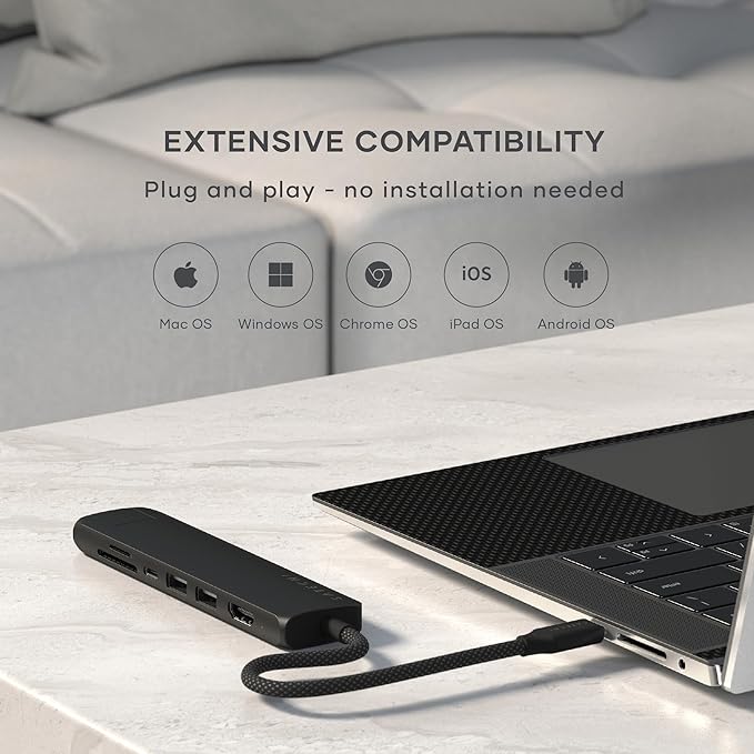 Satechi 7 in 1 USB C Hub Multiport Adapter with Ethernet, HDMI 4K@60Hz, 100W PD Charging, 2X USB-A Data Ports, Micro/SD Card Readers for MacBook Pro/Air M4–M1, iPad, iPhone, Windows - Black