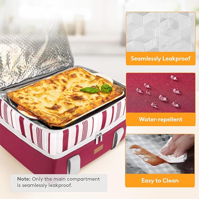 Double Decker Insulated Casserole Carrier for Hot or Cold Food, Lasagna Lugger Tote for Potluck Parties/Picnic/Cookouts, Fits 9"×13" Baking Dish, Red