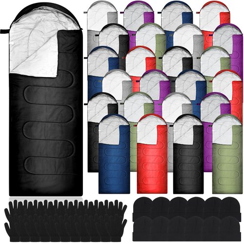 Preboun 24 Sleeping Bags Winter Beanies Gloves Set for Homeless Warm or Cold Weather Sleeping Bags Winter Hat and Gloves Pack for Backpacking Camping Hiking Homeless Supplies(Classic Color)