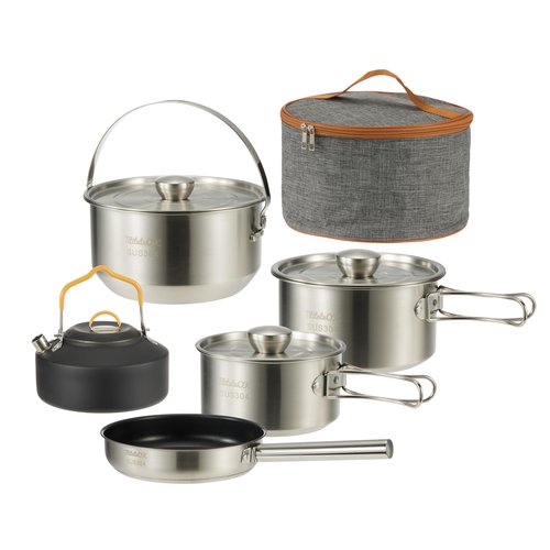 Camping Cookware Set 304 Stainless Steel 10pcs Pots & Pans,Kettle, Travel Mesh Bag for Camping, Trekking, Backyard Picnic & Backpacking Gear