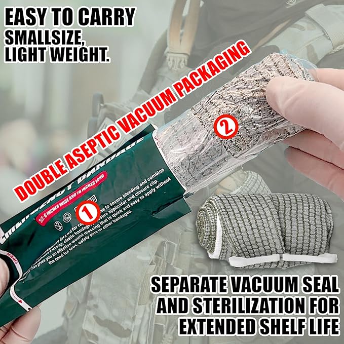Israeli Style Emergency Bandage - 6 Inch, Sterile Vacuum Sealed - Combat Tactical First Aid Kit IFAK Supplies - Compression Trauma Wound Dressing, 6 Count