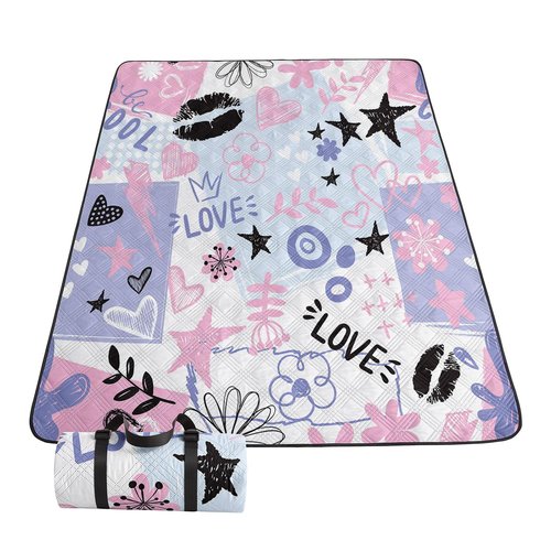 Smell Sunshine Outdoor Picnic Blanket,Portable Sandproof Waterproof Picnic Mat,Pink Purple Graffiti Printed Camping Beach Mat for Sand and Wet Grass Hiking (Pink Purple Graffiti S)