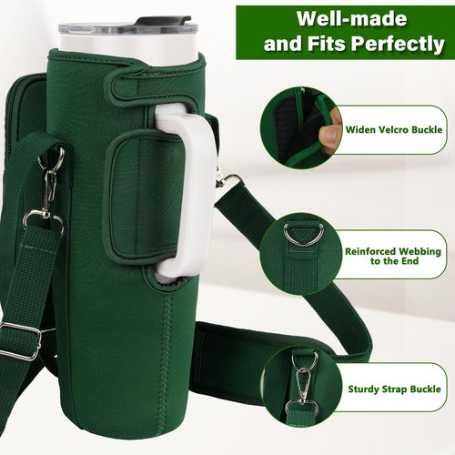 Water Bottle Carrier Bag with Phone Pocket Compatible with Stanley/Meoky 40 oz Tumbler with Handle,Water Bottle Holder Pouch with Adjustable Strap Compatible with Stanley Cup Accessories,Green