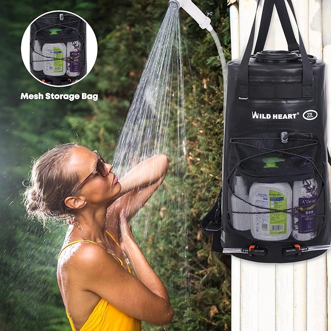 WILD HEART Camping Shower, 5.8 Gallons/22L Portable Camp Shower Bag with Upgraded Screw Lid, Water Level Window, Pressure Foot Pump, and Handy Nozzle, Solar Shower for Beach Camping Hiking Trip