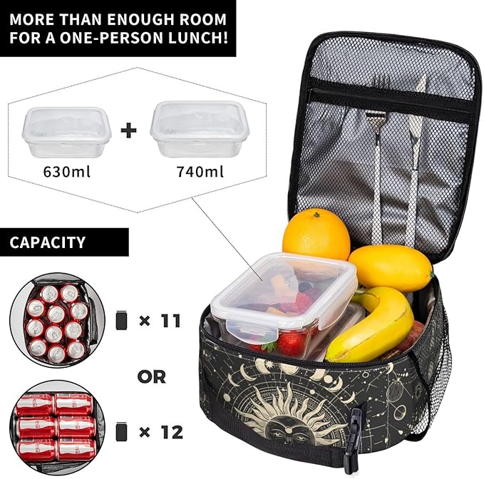 Sun and Moon Mystic Goth Witchy Black Lunch Box Reusable Insulated Totes Lunch Bag Thermal Cooler For Boy Girls School Men Women Beach Travel