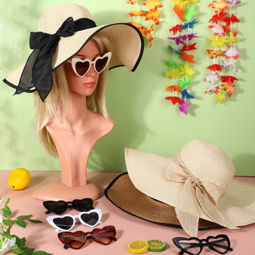 Jeyiour 12 Pcs Women Floppy Summer Hat Wide Brim with Heart Shape Glasses Big Bowknot Straw Hat Sun Hats Heart Sunglasses (Modern Colors)