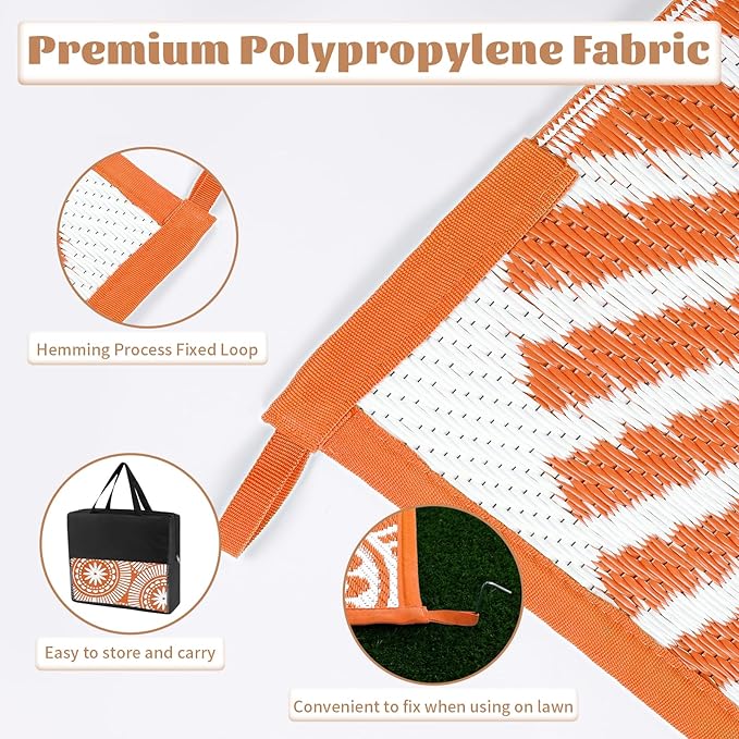 Ileading Large Plastic Outdoor Rug 9x12ft Modern Geometric Style Reversible Patio Area Rugs Waterproof Non Shedding Portable Carpets for Rv Outside Deck Pool Beach Picnic Camping (Orange)