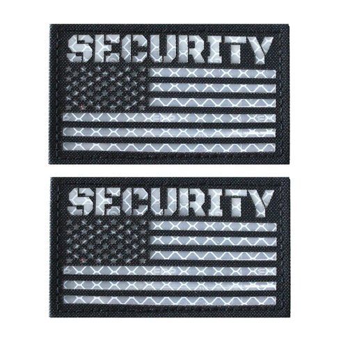2 Pack Black White Reflective Security Patch US Flag with Hook Back for Service Harness Tactical Vest Collar Hook-Fastener Backing (SECURITY)